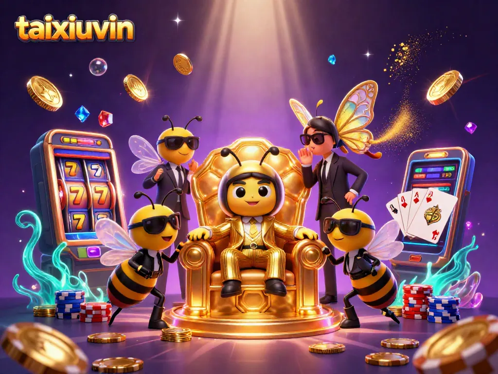 Engage with taixiuvin's exciting slot machine action featuring vibrant casino elements and characters.