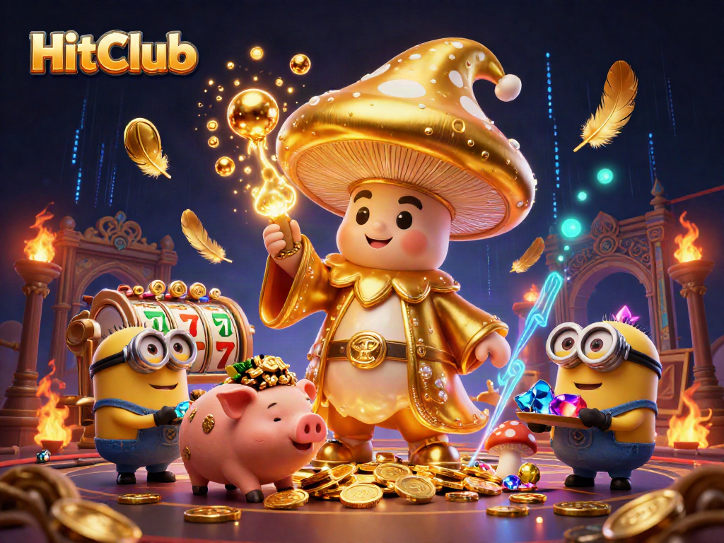Experience the magic of HitClub with vibrant casino scenes filled with gold and gaming elements.