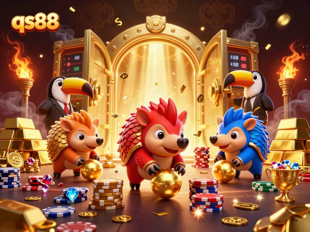 qs88 pangolins compete in a vibrant casino scene with gold treasures and poker chips