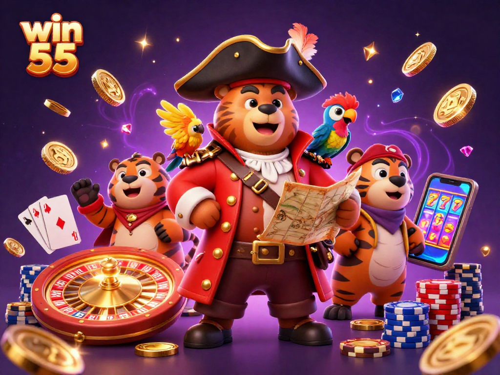 Win 55 casino scene showing a bear pirate and friends celebrating with golden coins and roulette.
