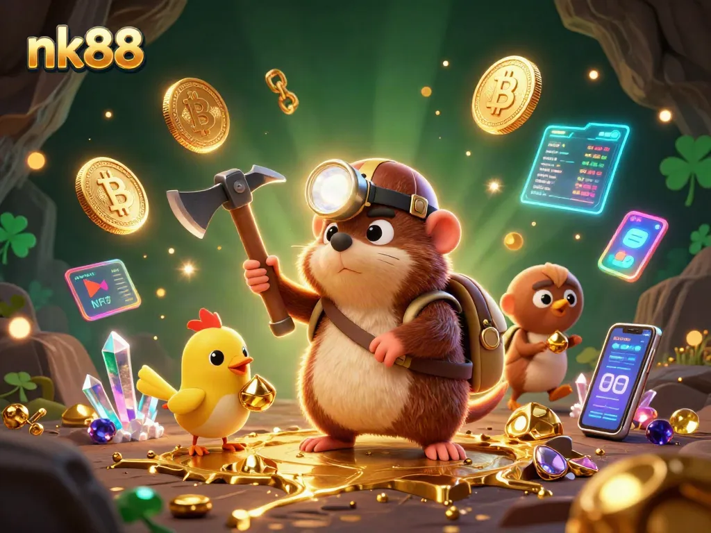 Join the adventure at nk88 as our treasure hunter uncovers gaming riches in a glowing cave.