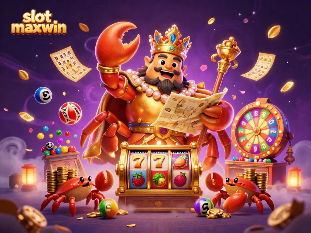 Experience thrilling slot maxwin action with a golden crab emperor amidst dynamic casino elements.