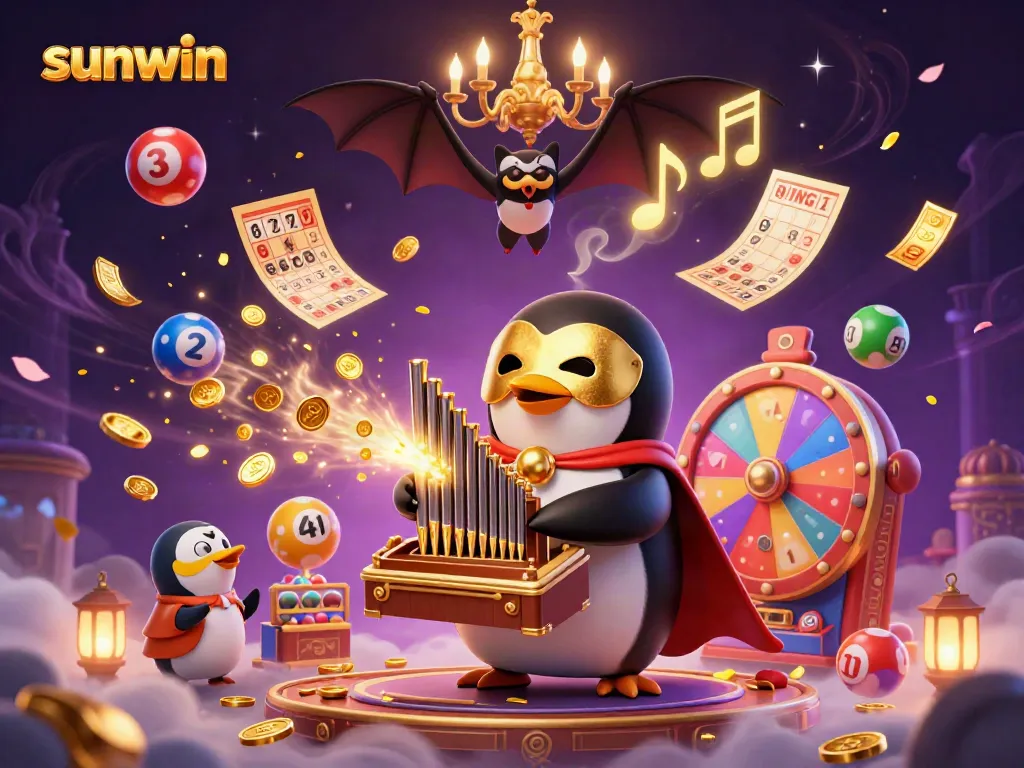 Engage with the exciting world of sunwin as a whimsical penguin brings fortune in a vibrant casino-themed scene.