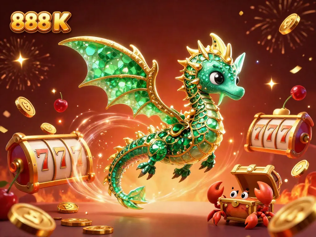 Engage with 888 K's vibrant casino art featuring a dragon and treasure in a dynamic scene.