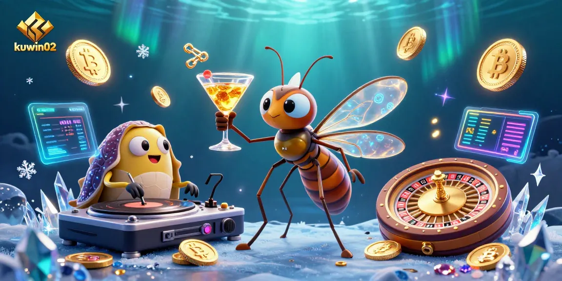 Kuwin02 brings excitement to the table with a unique casino scene featuring a frozen mosquito mascot, trilobite DJ, and neon cryptocurrency elements.