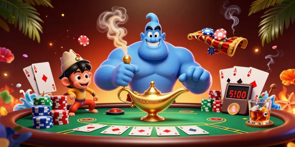 Engage with J77 casino's vibrant atmosphere featuring a genie, monkey, and poker elements.