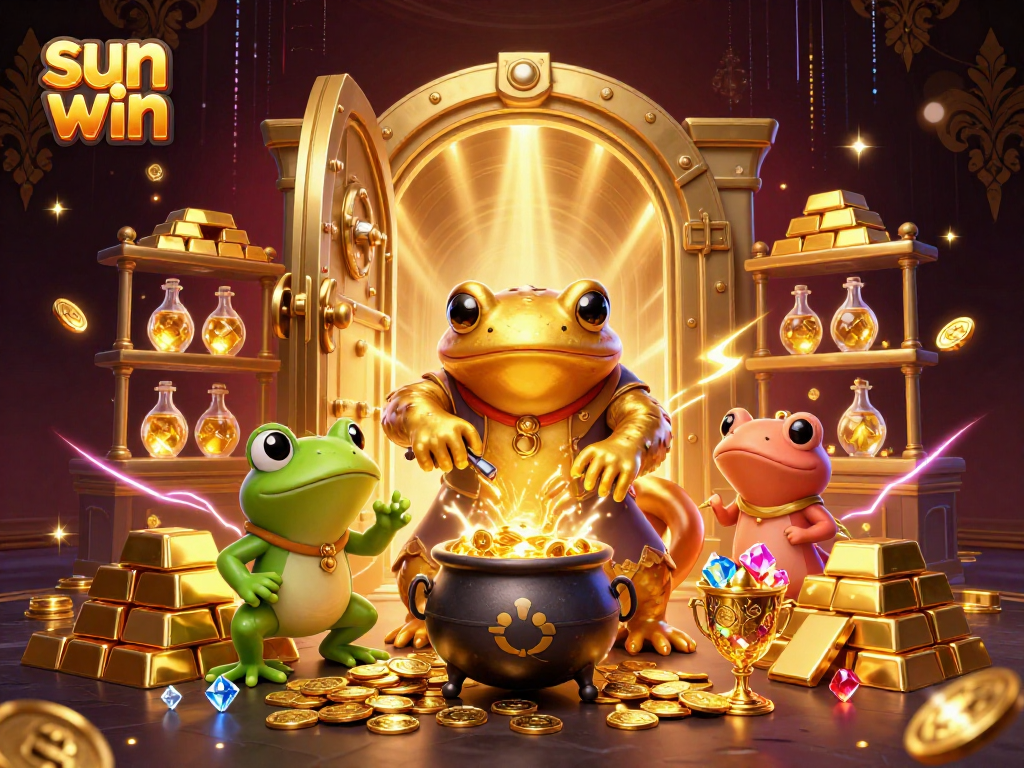 Experience thrill gaming with sun win's vibrant dynamic 3D illustration showcasing gold treasures.