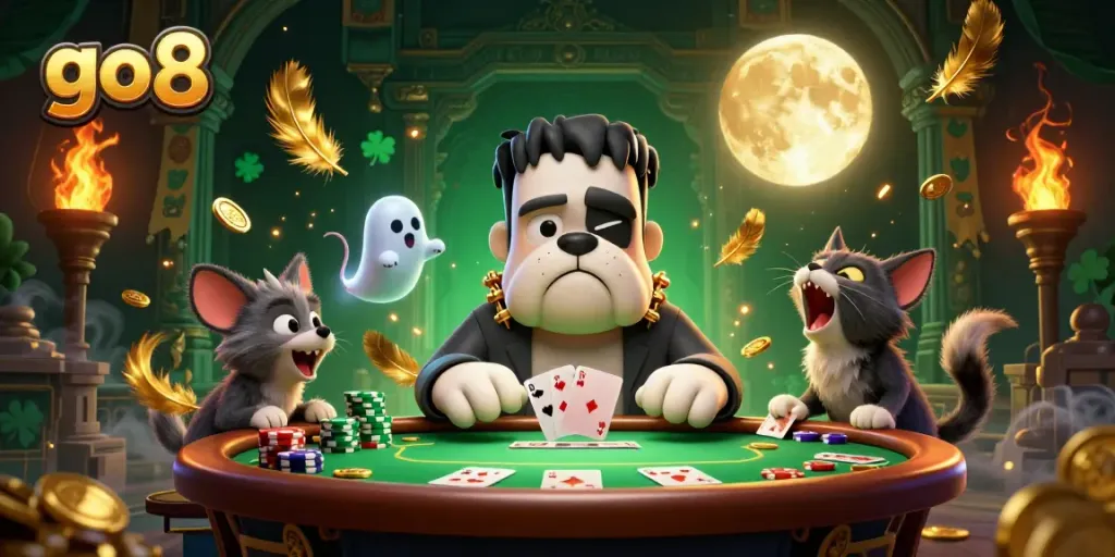Experience the excitement of go8 with a vibrant illustration of a cartoon bulldog dealer and players in a thrilling poker game.