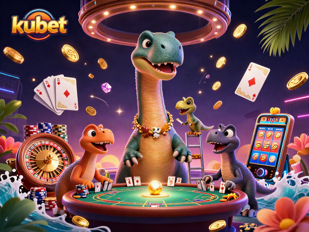Kubet players enjoy an exciting casino scene with a giant dinosaur dealer, colorful chips, and dynamic game actions.