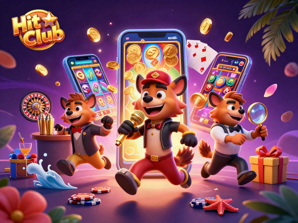HitClub's lively casino scene with hyenas entertaining and gaming elements highlighting excitement.