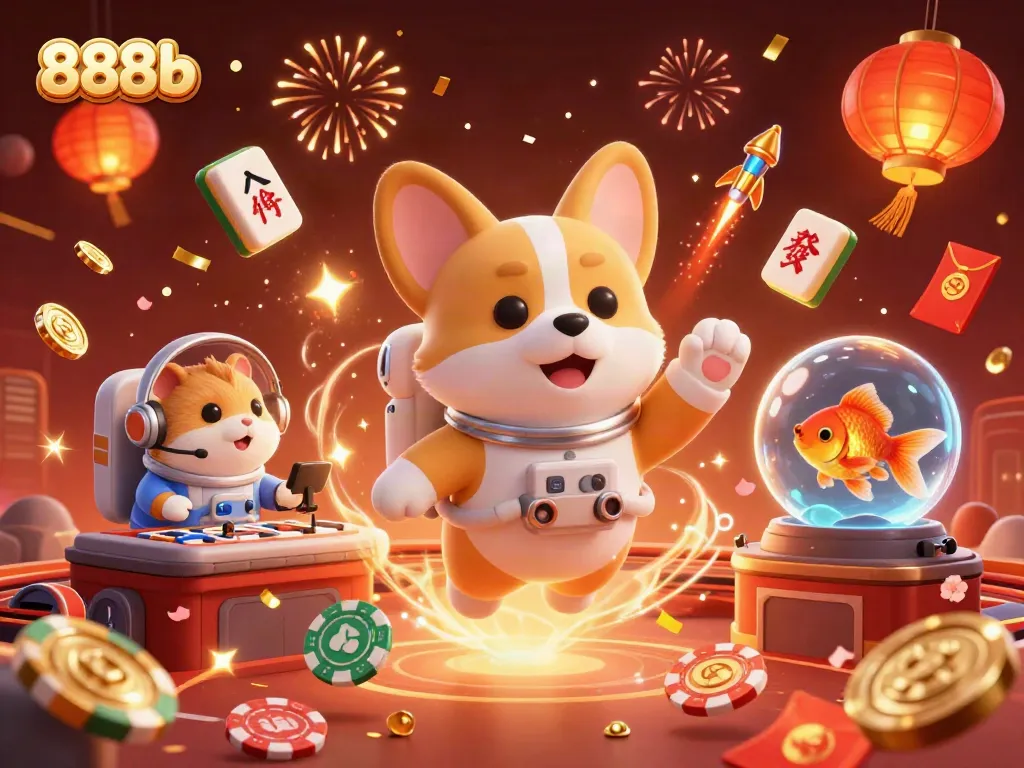 Engage with 888b as the floating casino scene features an astronaut corgi and vibrant gaming elements.