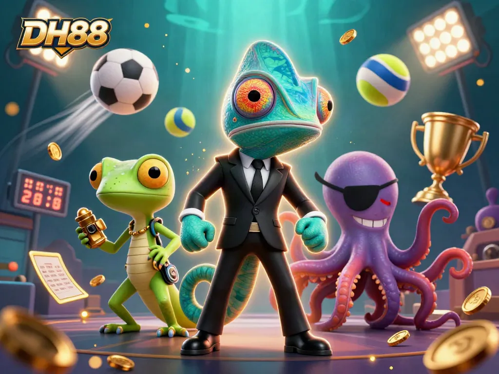 Experience thrilling DH88 casino action with dynamic characters and vibrant elements in this elaborate illustration.