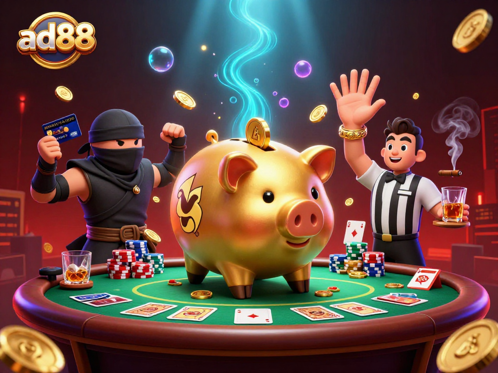 ad88 showcases a dynamic casino scene with coins pouring from a sumo wrestler piggy bank, enhancing excitement.
