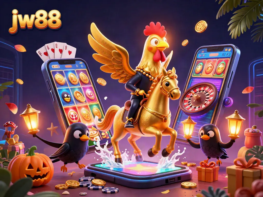 Play exciting slots at jw88 with golden rooster and vibrant casino elements illustrated.