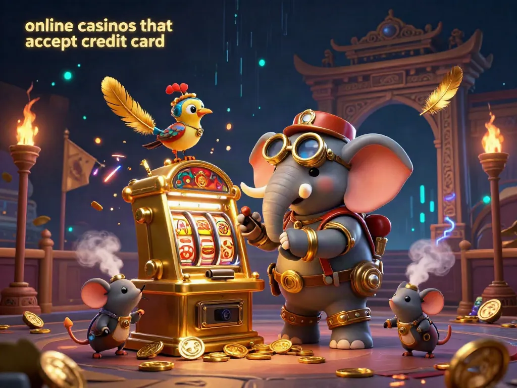 Experience the thrill of online casinos that accept credit card, featuring a steampunk elephant operating a golden slot machine with vibrant casino elements.
