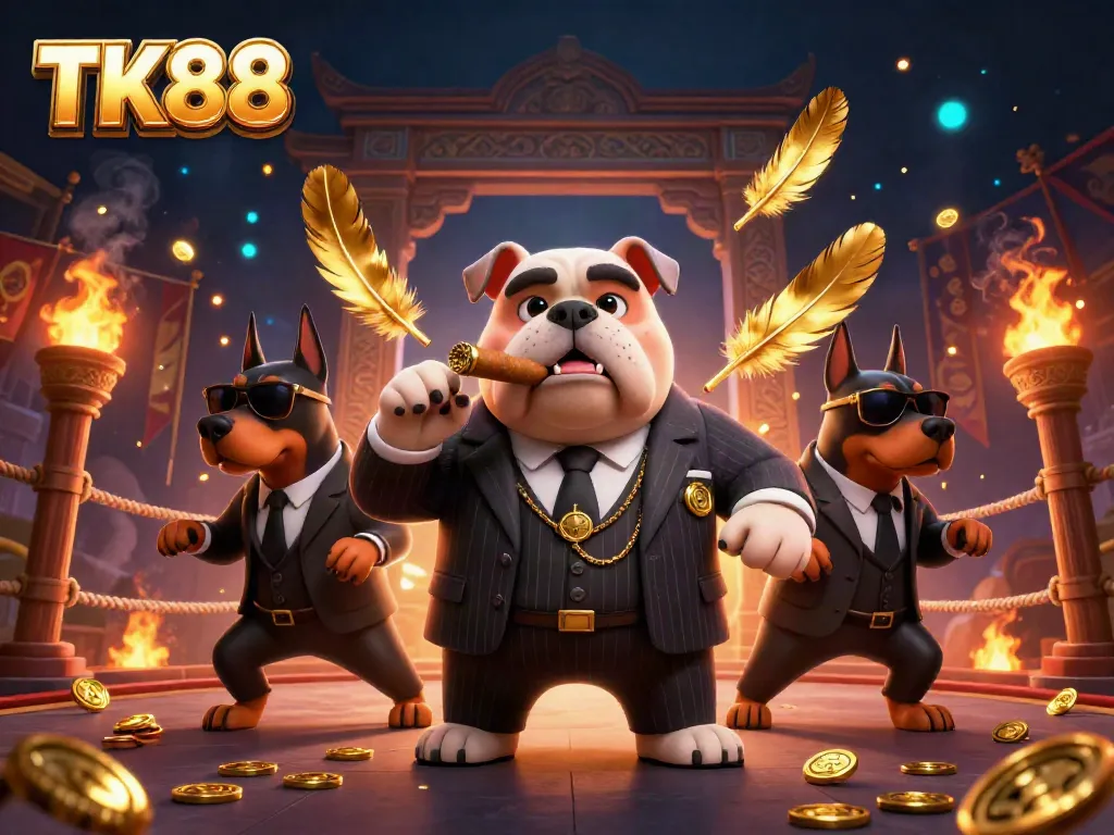 Experience thrilling gameplay at TK88 with a bold bulldog mafia boss and dynamic casino elements.