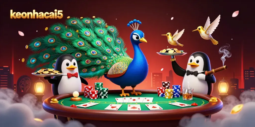 Bet on keonhacai5 as the peacock reveals a rich poker scene filled with action and vibrant colors.