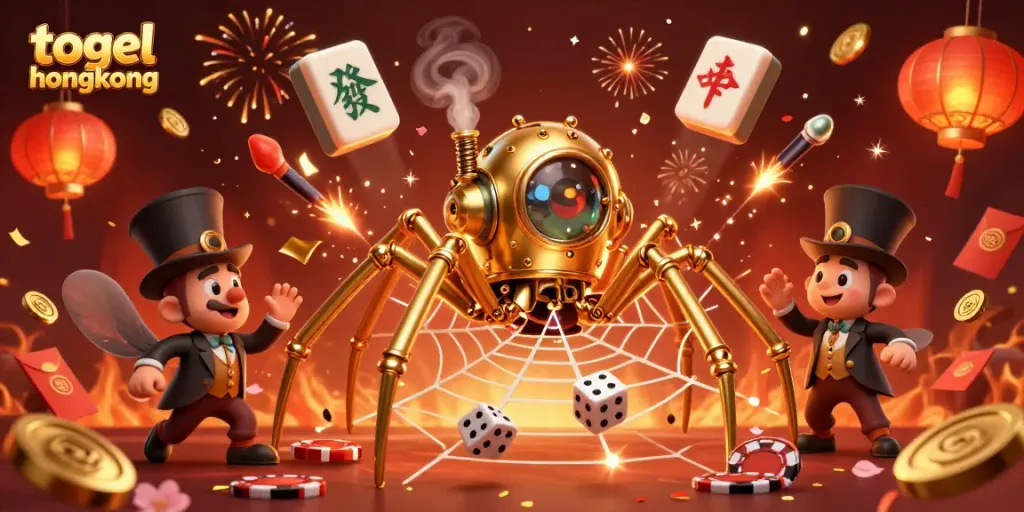 Engaging scene of a golden spider catching dice with the keyword togel hongkong surrounded by festive elements.