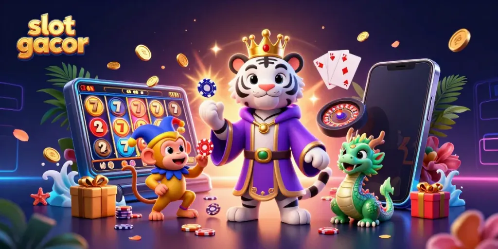 Experience the thrill of slot gacor with a lively 3D scene of characters enlivening the casino world.