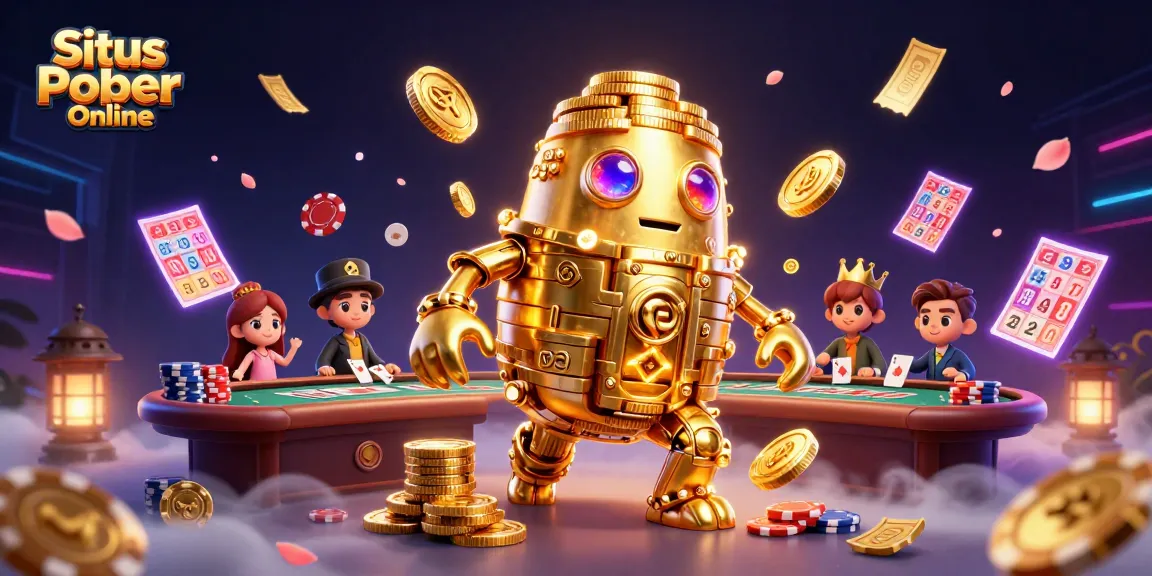 Situs Poker Online showcases thrilling poker action with dynamic chip stacks and colorful elements.