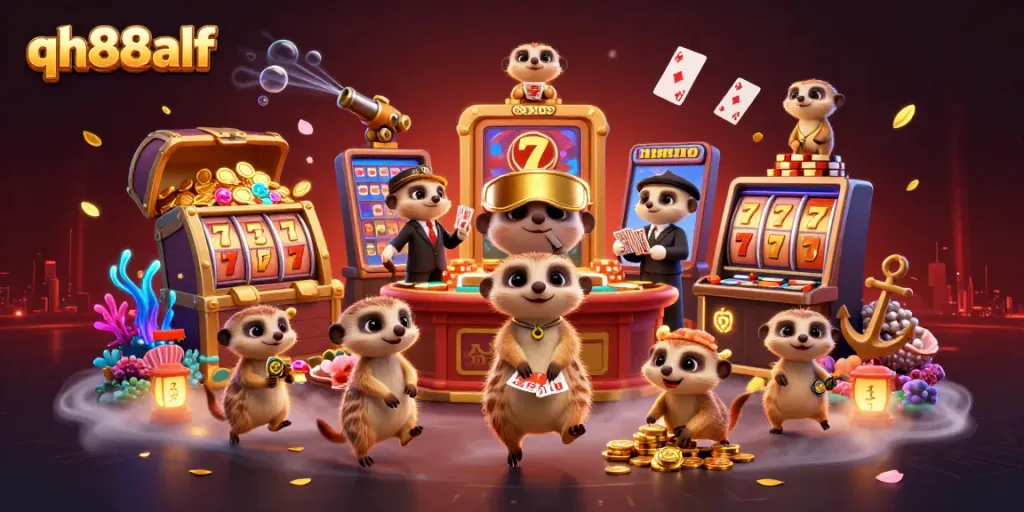 Experience the thrilling casino world of qh88alf with playful meerkats running a vibrant gaming scene.