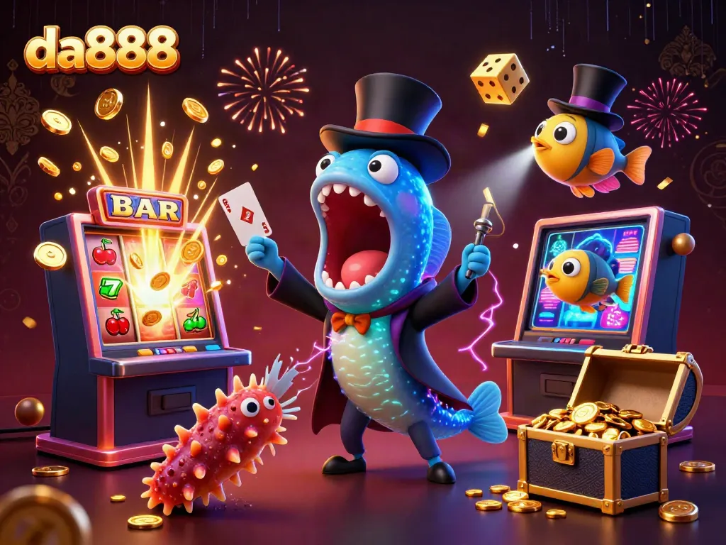 Experience the enchanting world of da888 with a vibrant 3D casino scene featuring unique sea creatures and action-packed gaming elements.