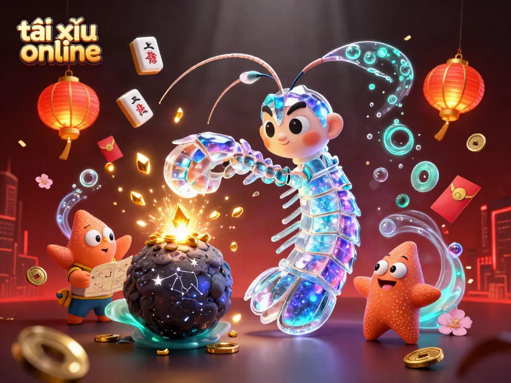 Experience the thrill of tài xỉu online with a dynamic scene featuring a galactic samurai mantis shrimp and starfish.
