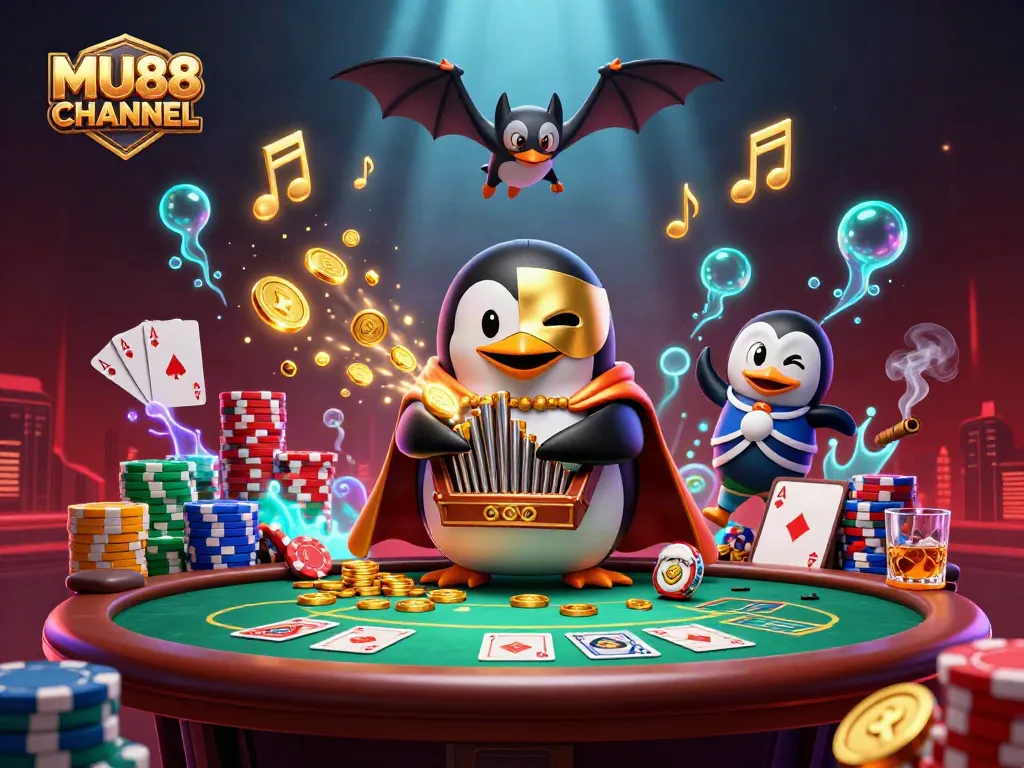Experience fortune at MU88 CHANNEL with vibrant 3D illustration featuring gambling action and excitement.