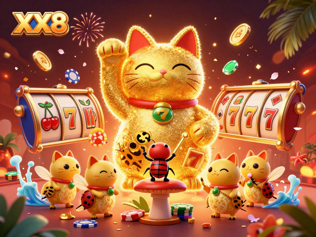 Experience the excitement of XX8 with a stunning 3D illustration showcasing a lucky cat in a vibrant casino setting.