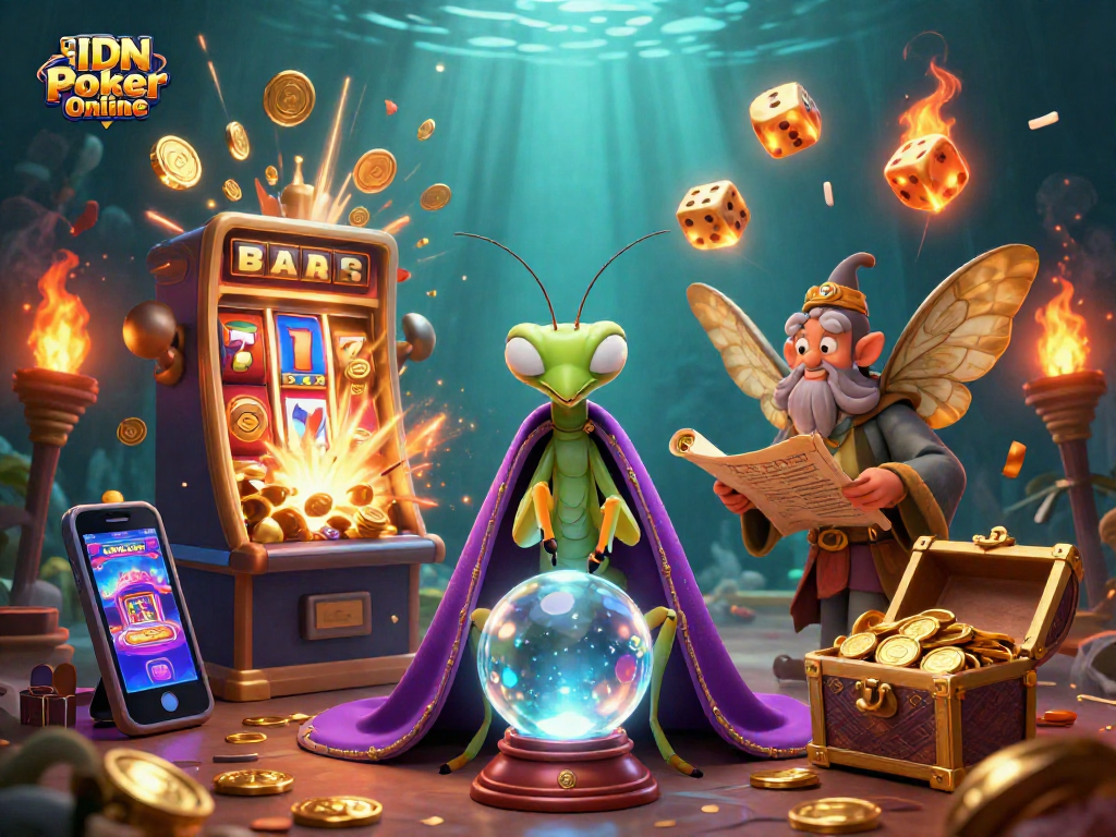 Experience the thrill of IDN Poker Online with enchanting characters in a dynamic casino scene packed with jackpots.