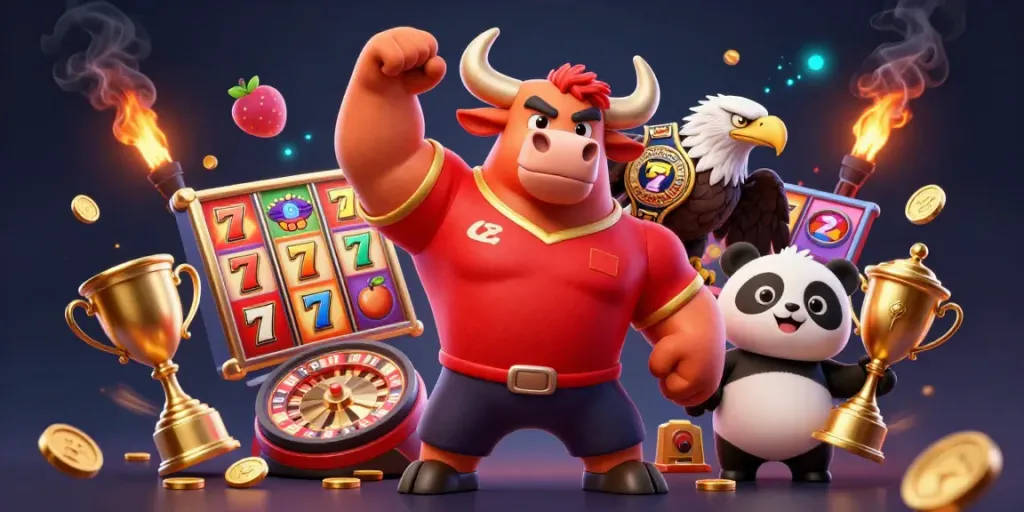 Nổ hũ slot game scene with a muscular bull, eagle, and panda celebrating big wins.
