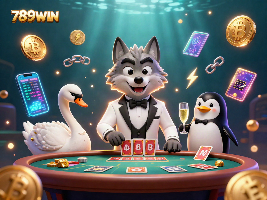 Engage with 789WIN at a vibrant baccarat table with 3D cartoon characters in a lively casino scene.