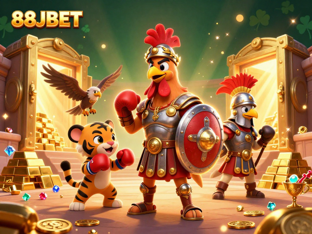 Bet big with 88JBET in an exciting casino atmosphere featuring gold treasures and dynamic characters.