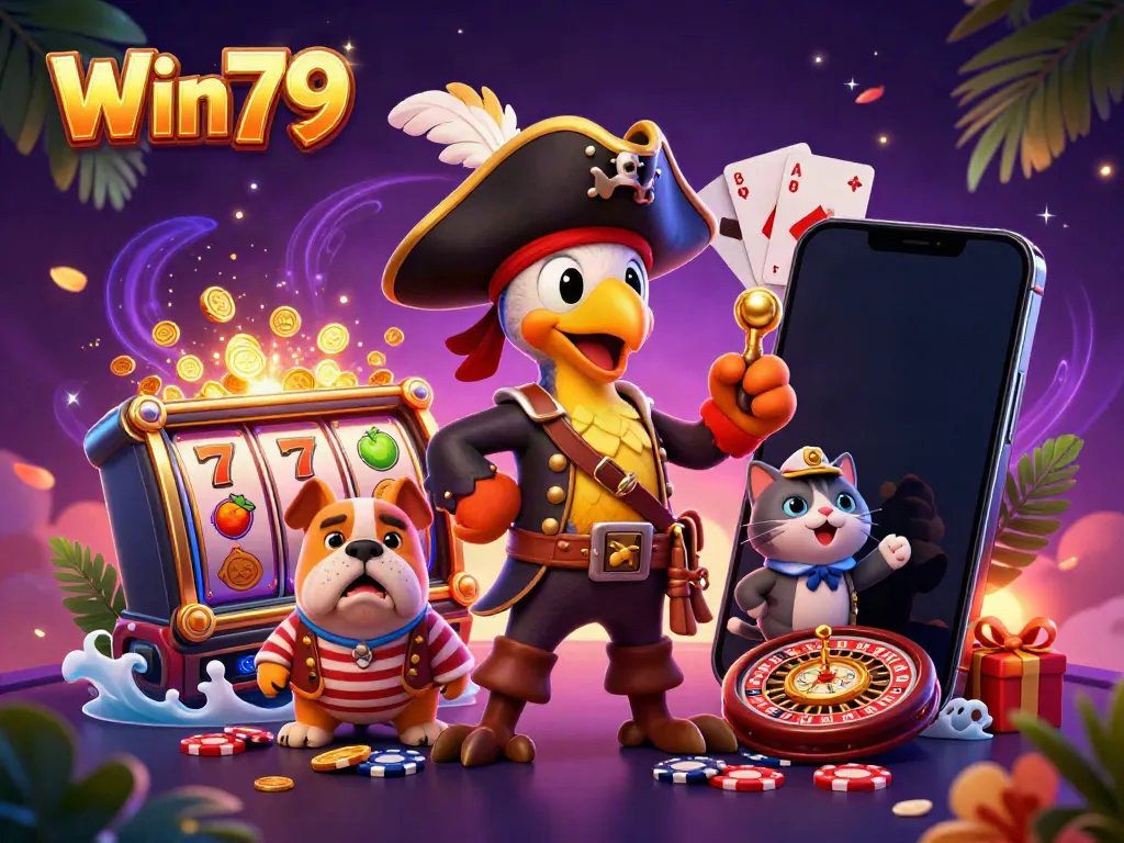 Experience the thrill of Win79 with this vibrant 3D casino scene featuring elements from modern slot games.