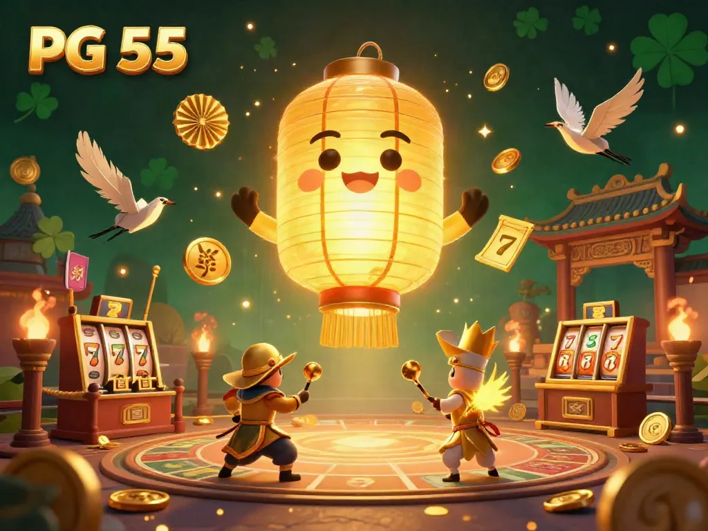 Experience PG 55 with a vibrant 3D casino scene showcasing golden symbols and festive characters.
