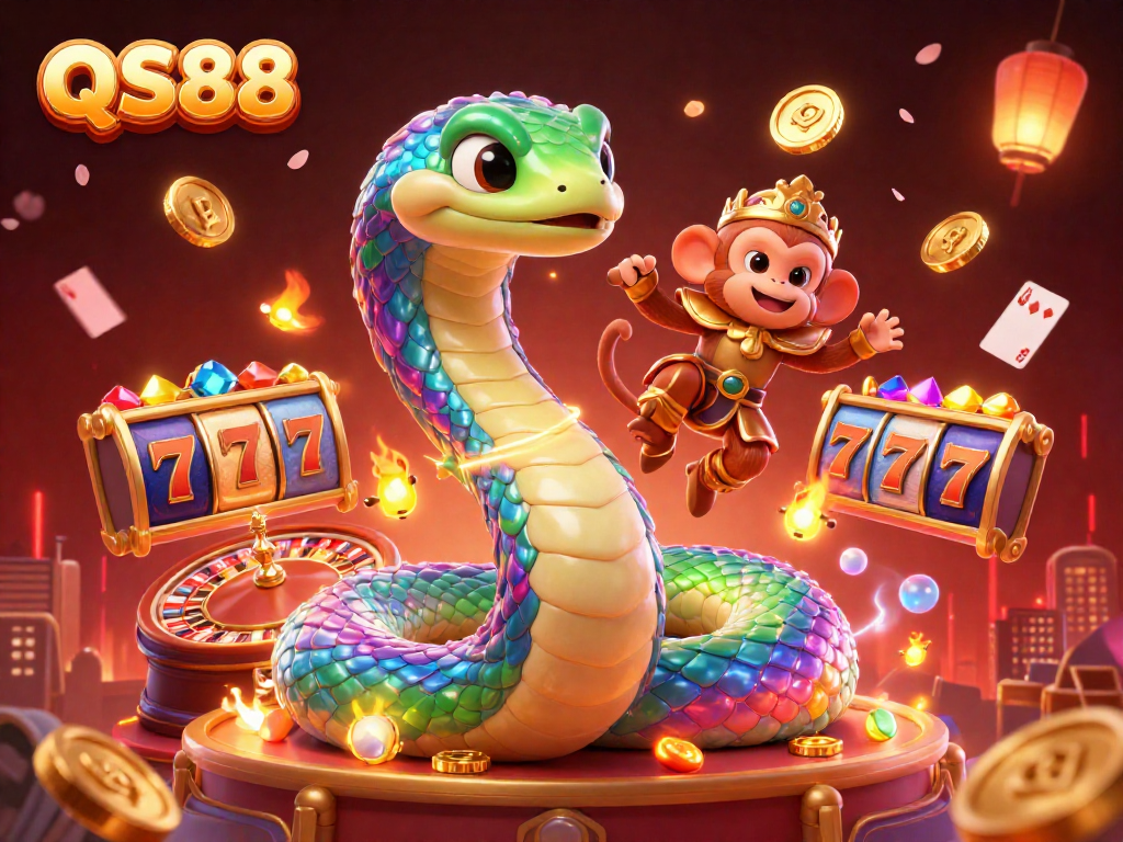 Experience the thrilling QS88 casino with a playful monkey king and rainbow serpent in this vibrant 3D illustration.