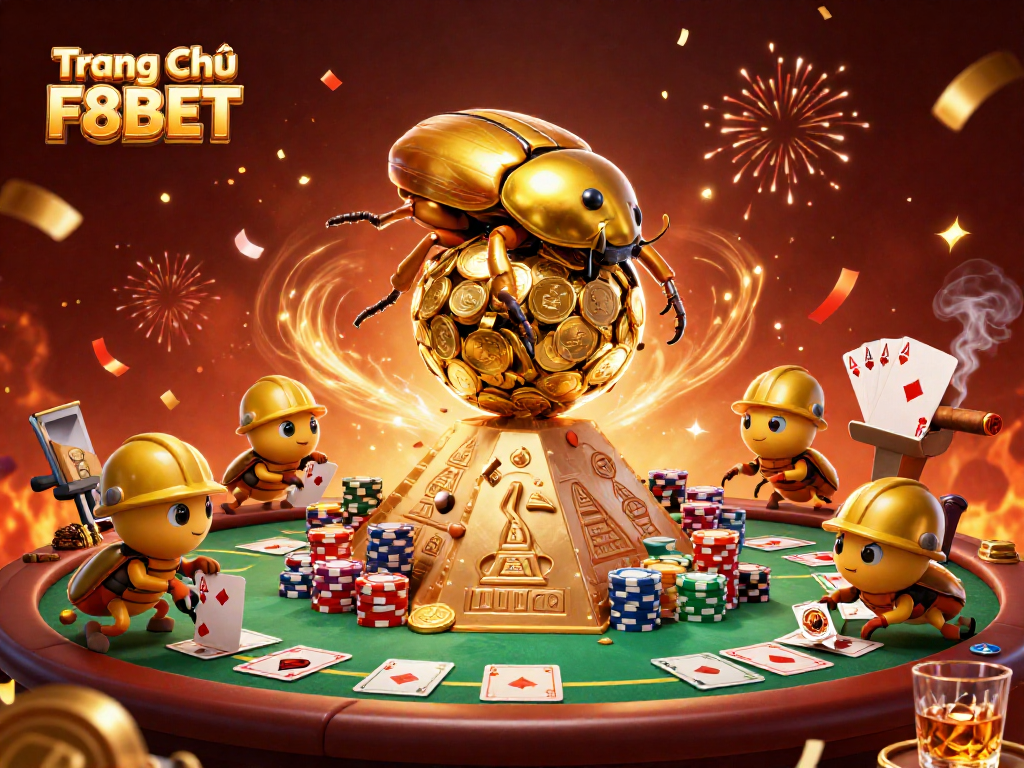 Engage with the vibrant scene of Trang Chủ F8BET showcasing dynamic casino action with gold coins and poker elements.
