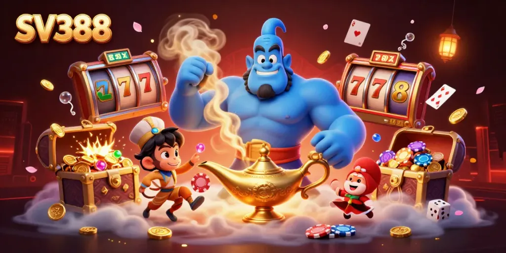 Experience the excitement of SV388 with a lively illustration of a genie, monkey, and casino elements.