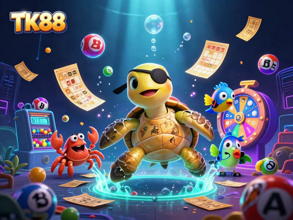 Engage with thrilling TK88 gambling action through colorful lottery elements and vibrant characters.