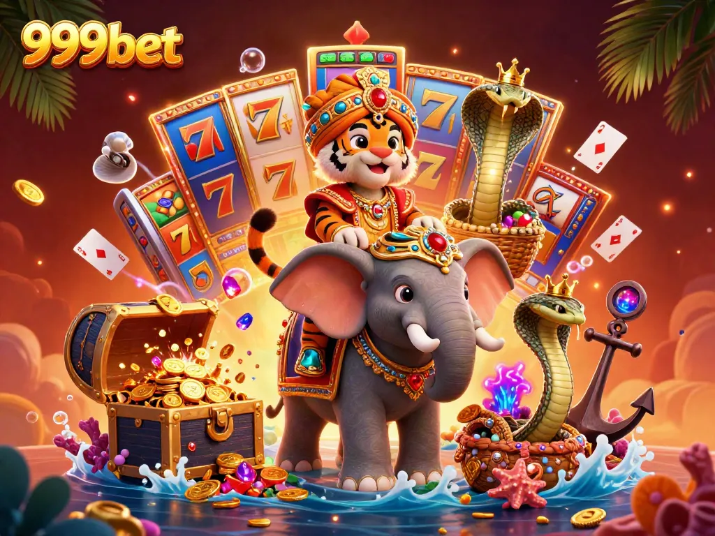 Experience the 999bet thrill with a vibrant 3D scene showcasing gambling excitement amid dazzling characters and elements.