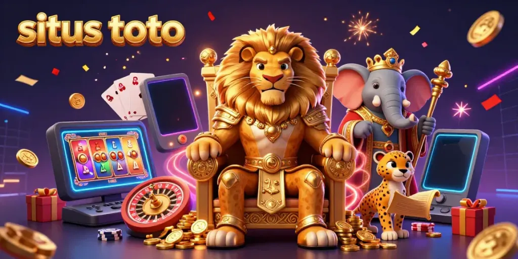Engage with situs toto in a vibrant 3D casino scene featuring a lion king on a throne surrounded by gaming elements.