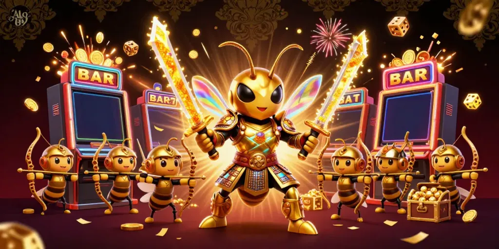 Alo 789 showcases a vibrant casino scene with golden hornet warriors and jackpot slot machines.