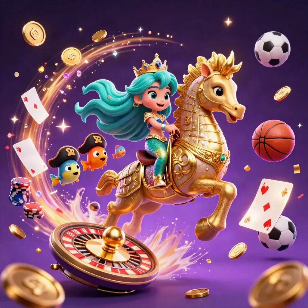 Mermaid princess on a golden seahorse amid casino props, coins, cards, chips and sports balls.