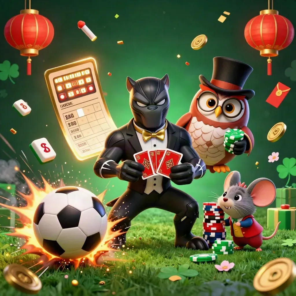 Panther, owl, and mouse amid flying chips, lanterns, and sports balls on a glowing emerald backdrop.