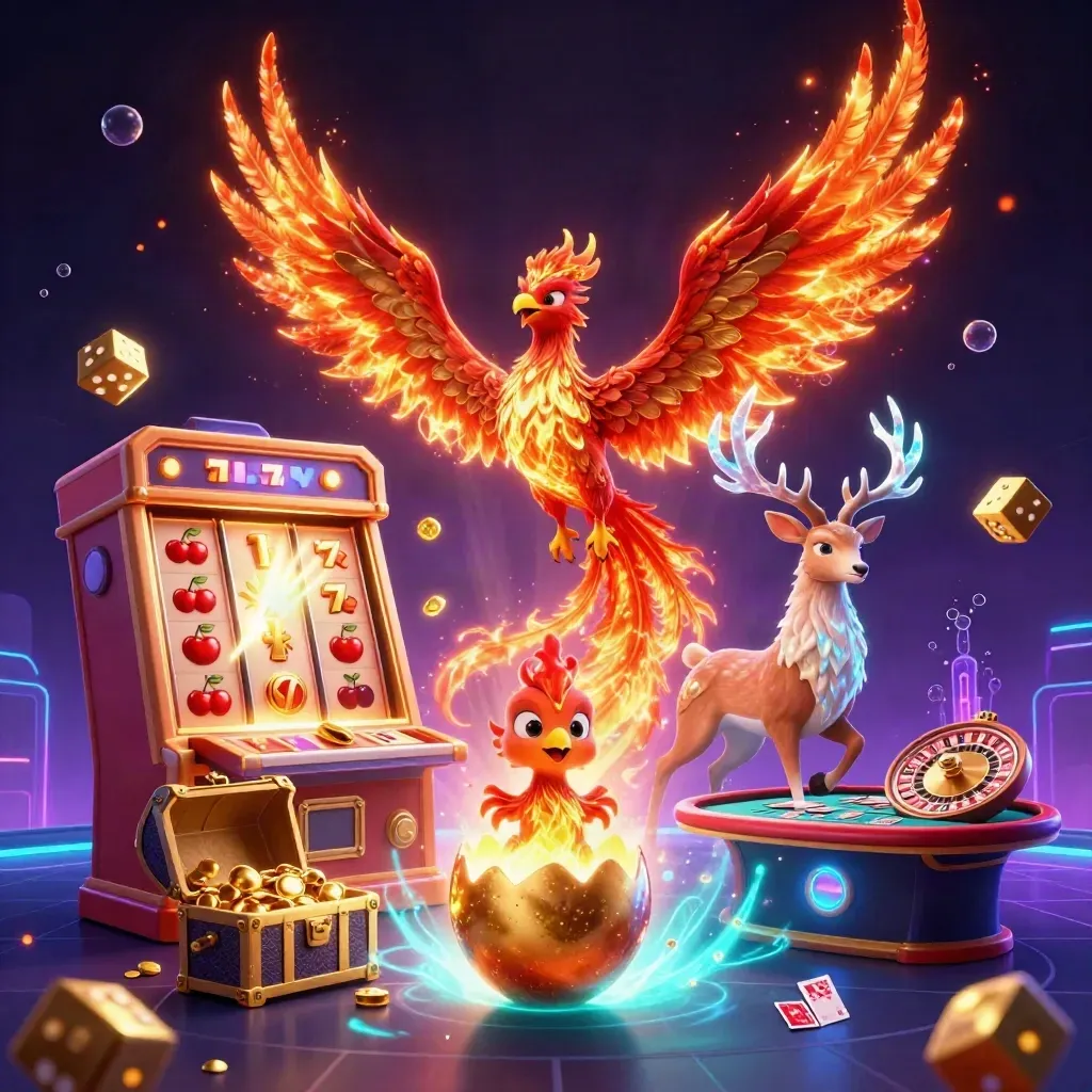 Phoenix, hatching chick, and crystal stag amid treasure, roulette, and casino glow.