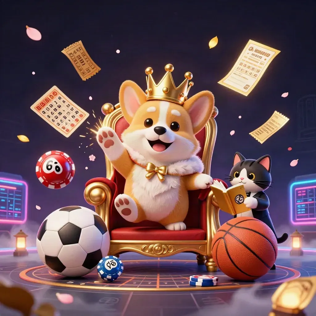 Crowned corgi and cat butler amid chips, lottery balls, prize wheel, soccer ball, basketball, petals.