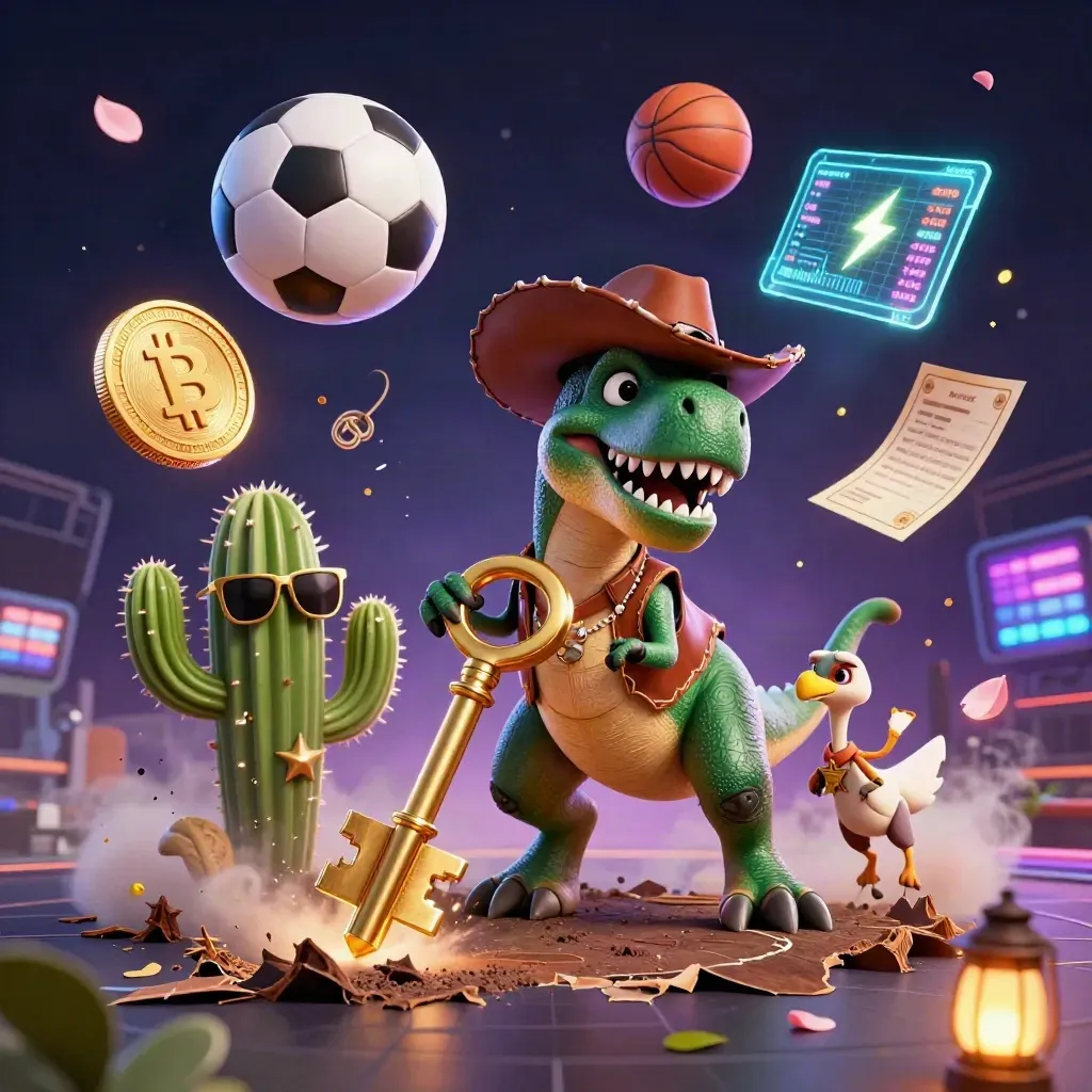 Cowboy T-Rex, cactus and roadrunner amid flying sports balls and casino-tech effects.