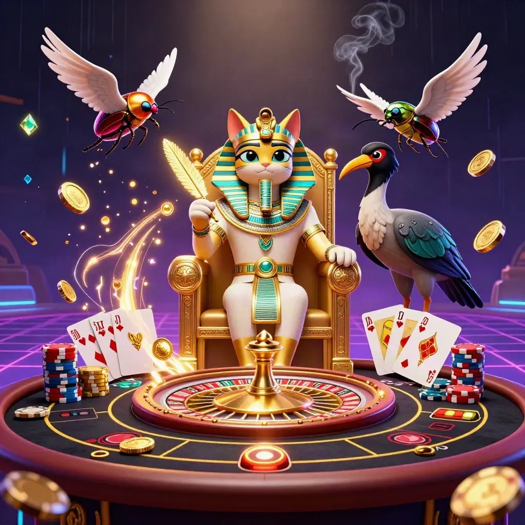 Pharaoh cat, ibis scribe and gem scarabs amid coins, cards, chips and neon casino lights.
