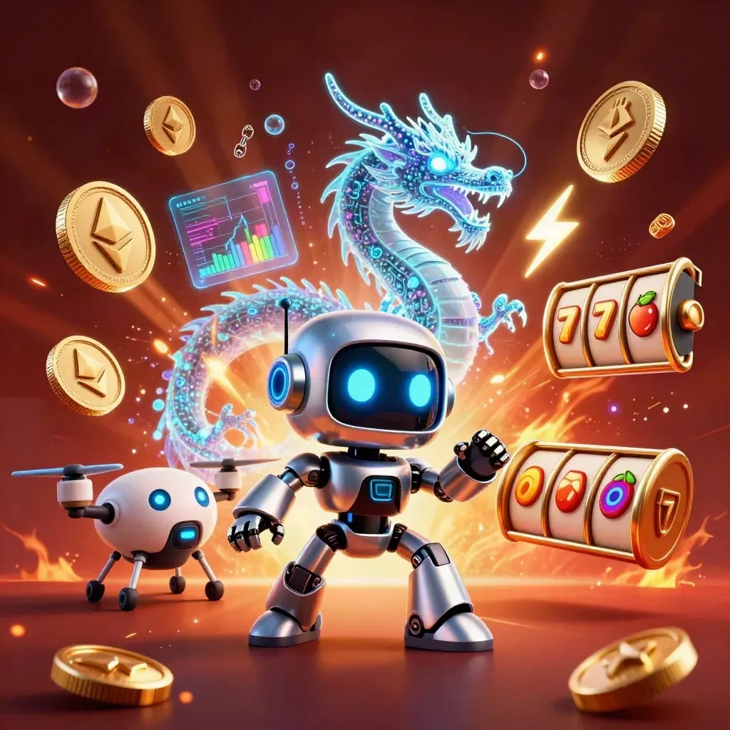 Cyberpunk robot, holographic dragon, and coin drone bursting with casino gems and neon light.