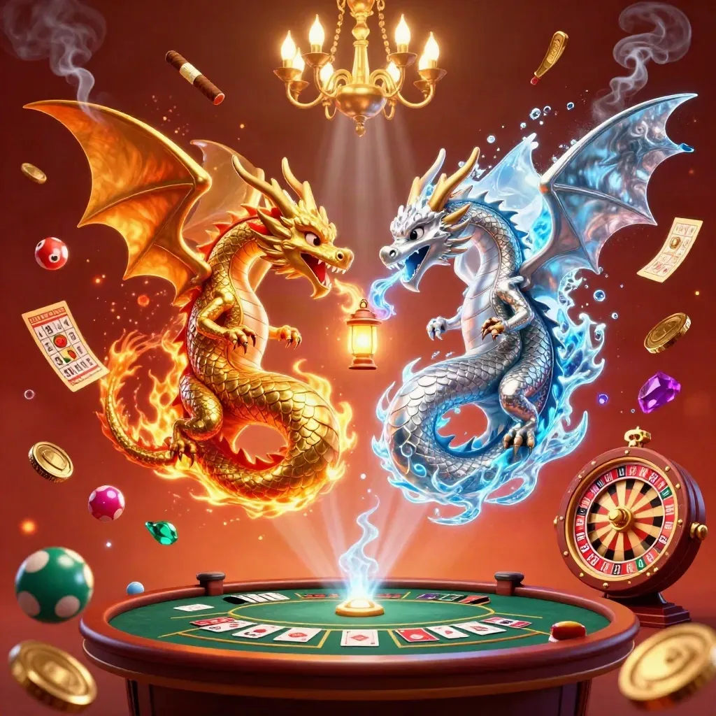 Gold and silver dragons swirl over a glowing casino table with lights, bubbles, and game props.
